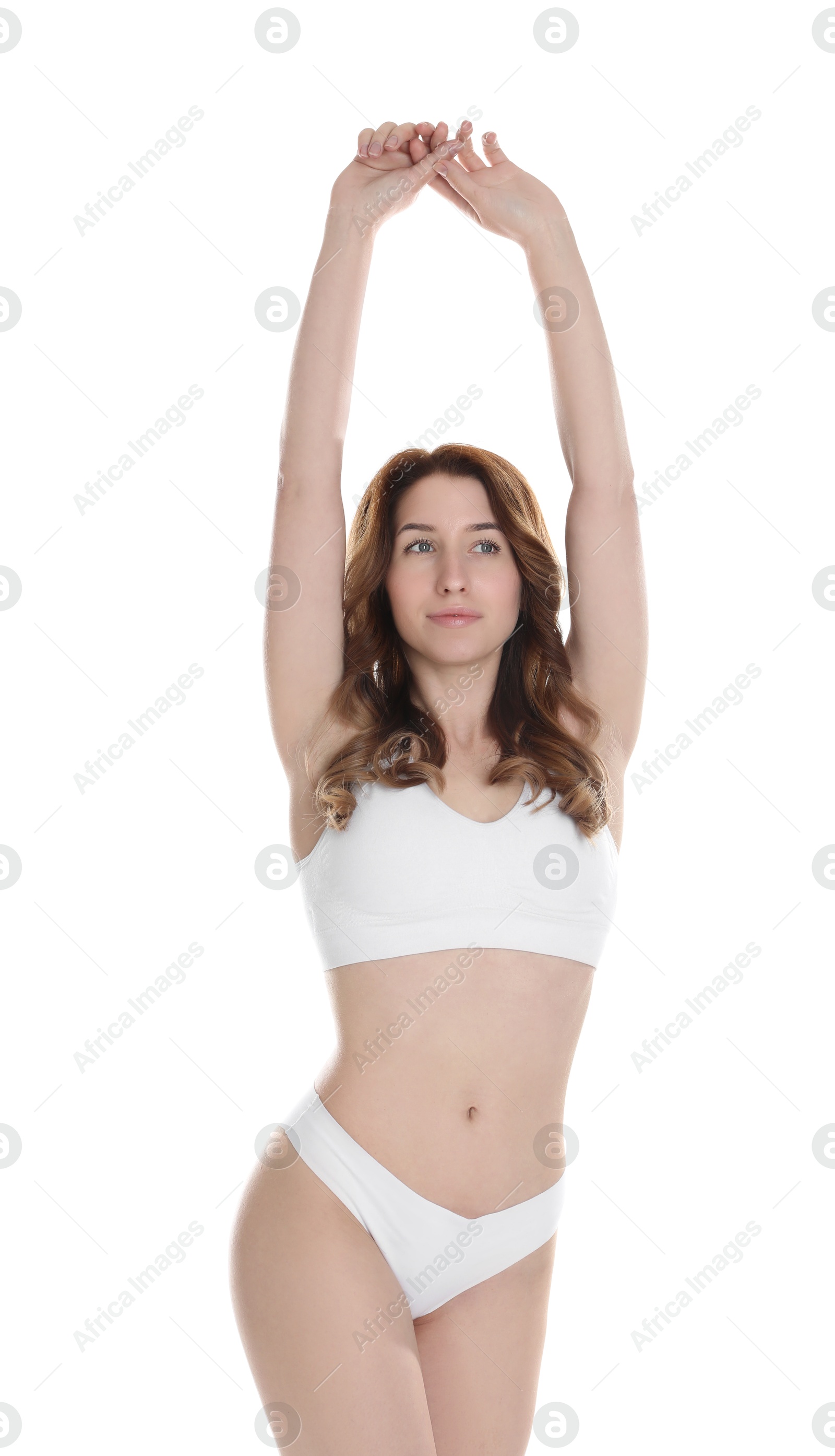 Photo of Woman with slim body posing on white background