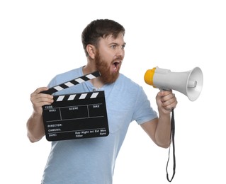 Making movie. Man with clapperboard shouting in megaphone on white background