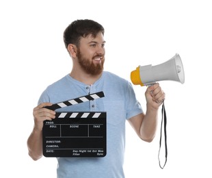 Making movie. Happy man with clapperboard and megaphone on white background