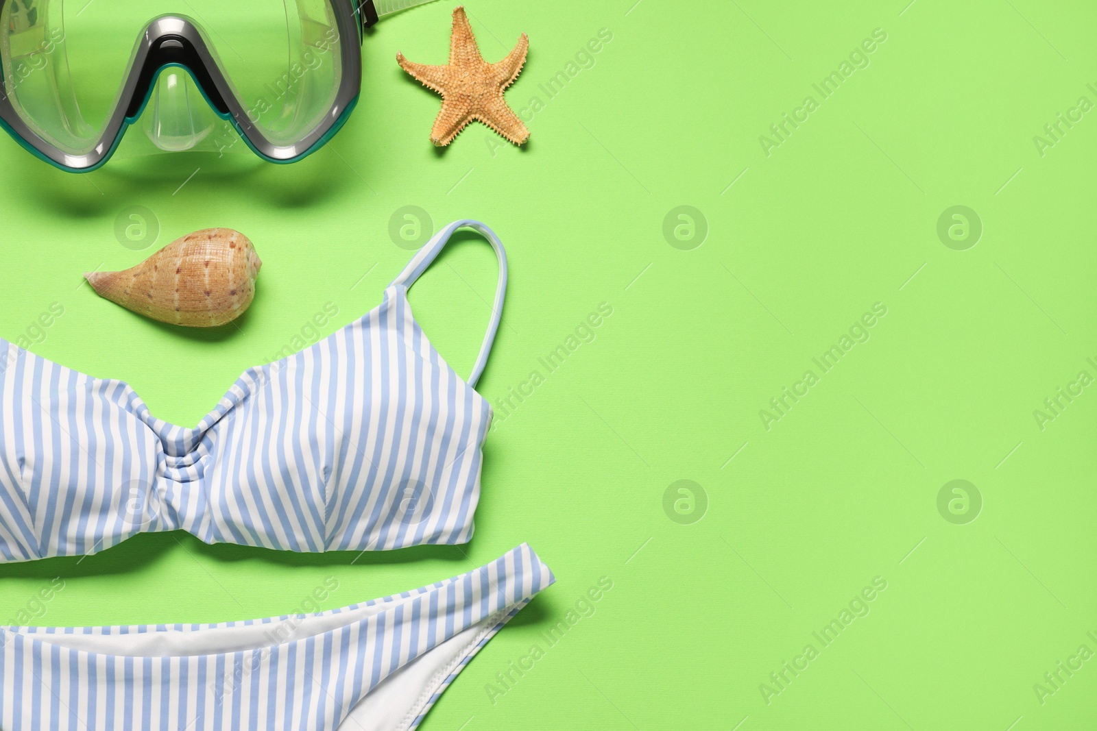 Photo of Striped swimsuit, diving mask, seashell and starfish on green background, flat lay. Space for text