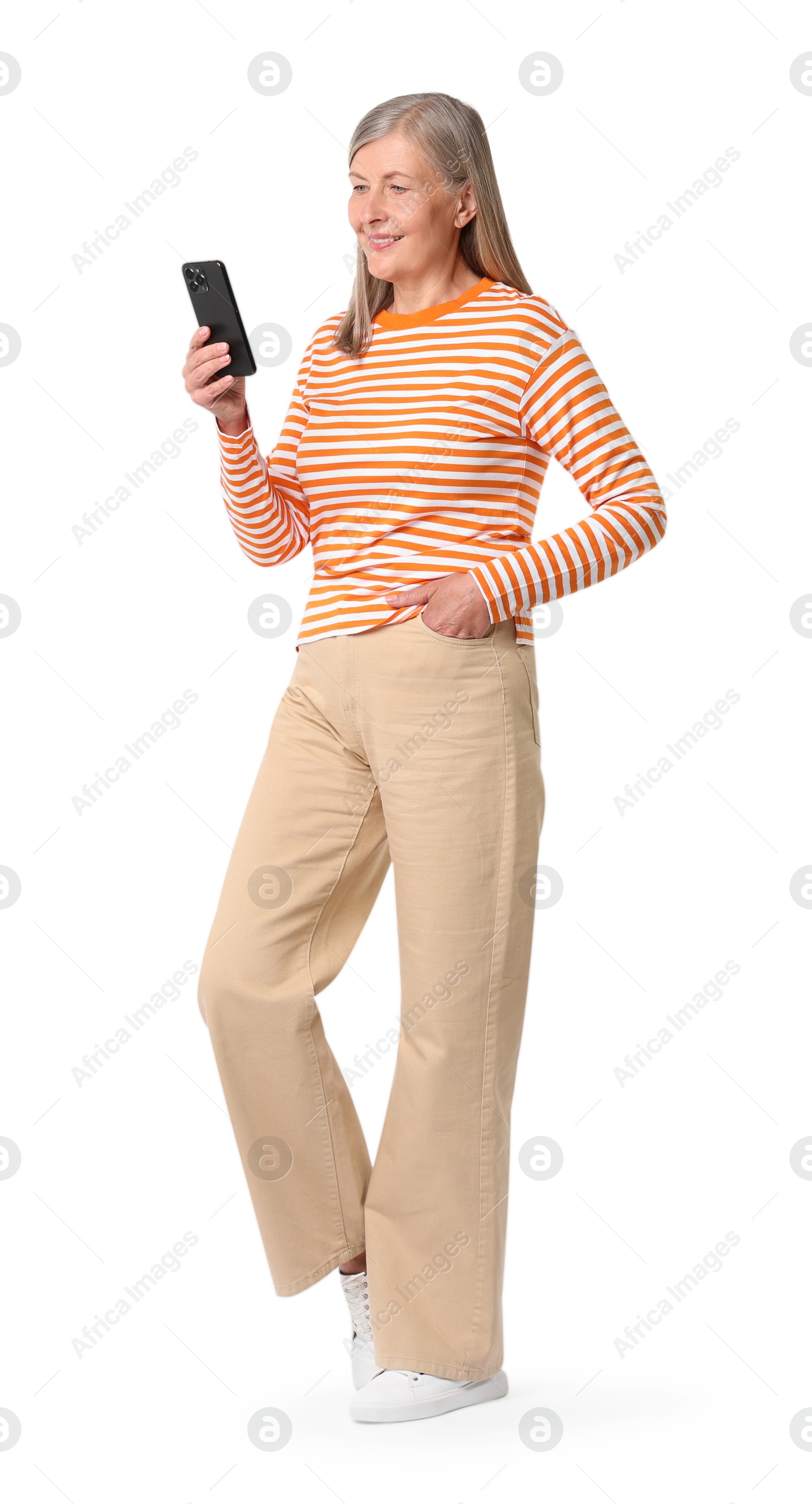 Photo of Senior woman with phone on white background