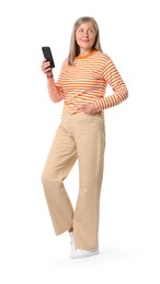 Senior woman with phone on white background