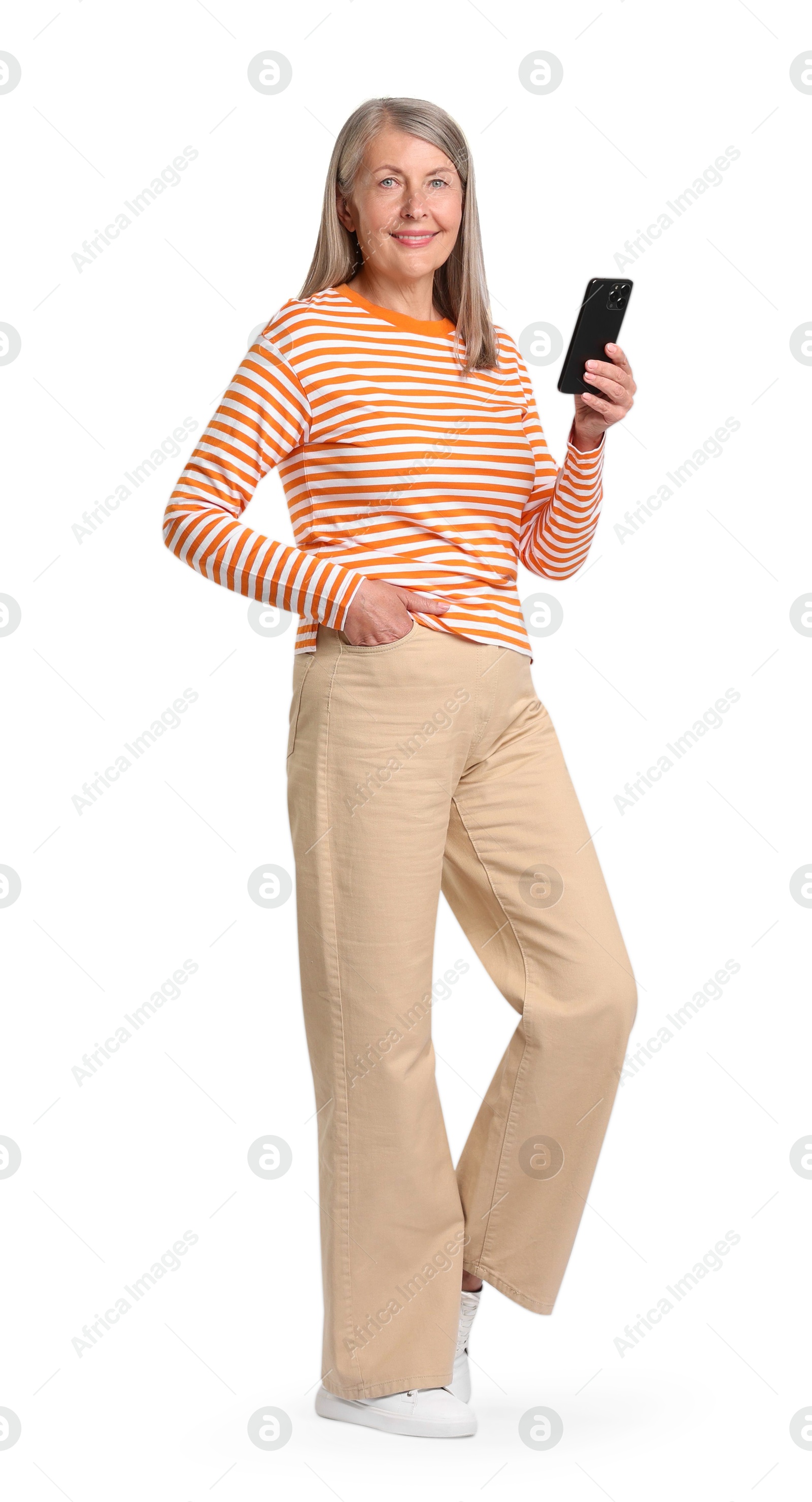 Photo of Senior woman with phone on white background