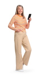 Photo of Senior woman with phone on white background