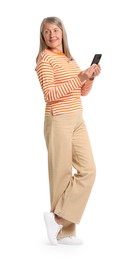 Photo of Senior woman with phone on white background