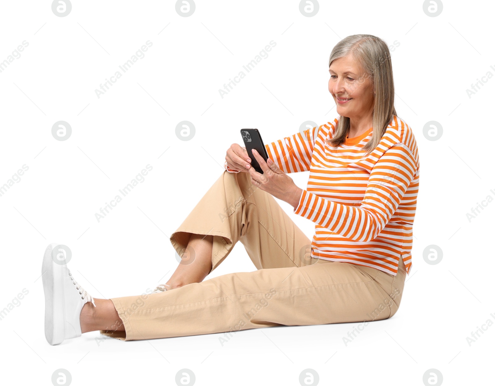 Photo of Senior woman with phone on white background