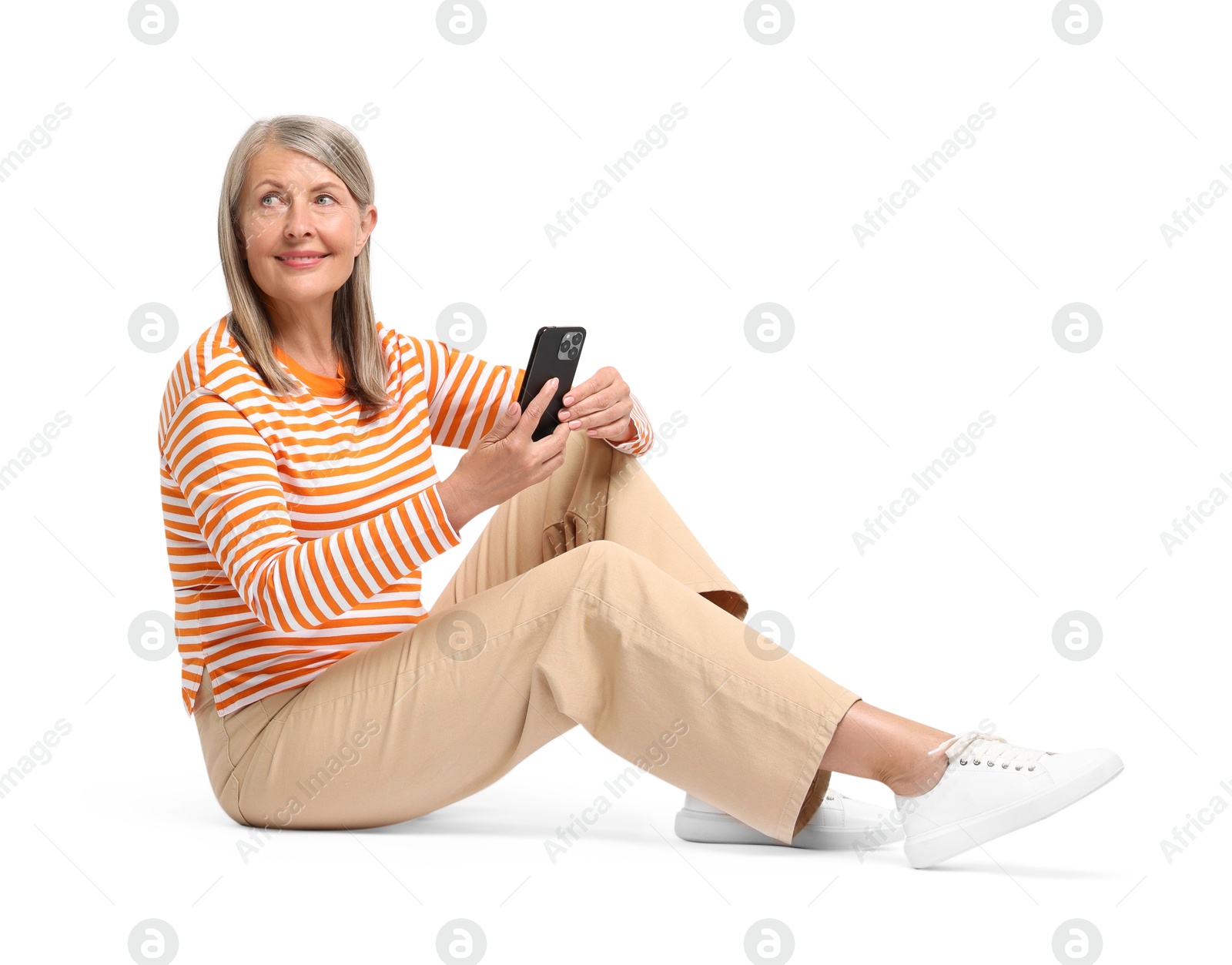 Photo of Senior woman with phone on white background