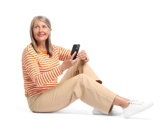 Photo of Senior woman with phone on white background