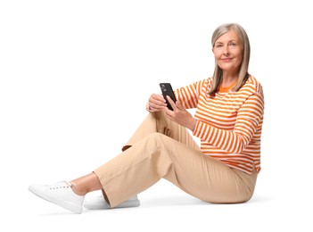 Photo of Senior woman with phone on white background