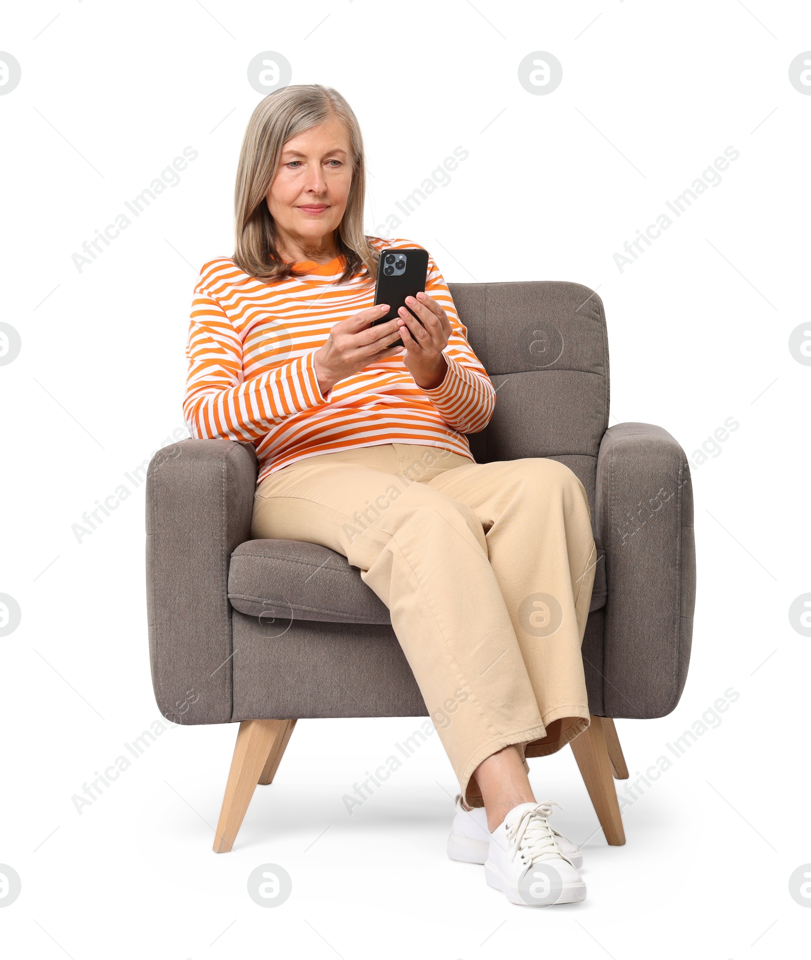Photo of Senior woman with phone on white background