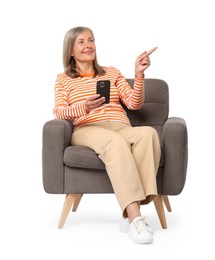 Photo of Senior woman with phone on white background