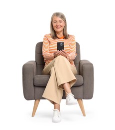 Senior woman with phone on white background