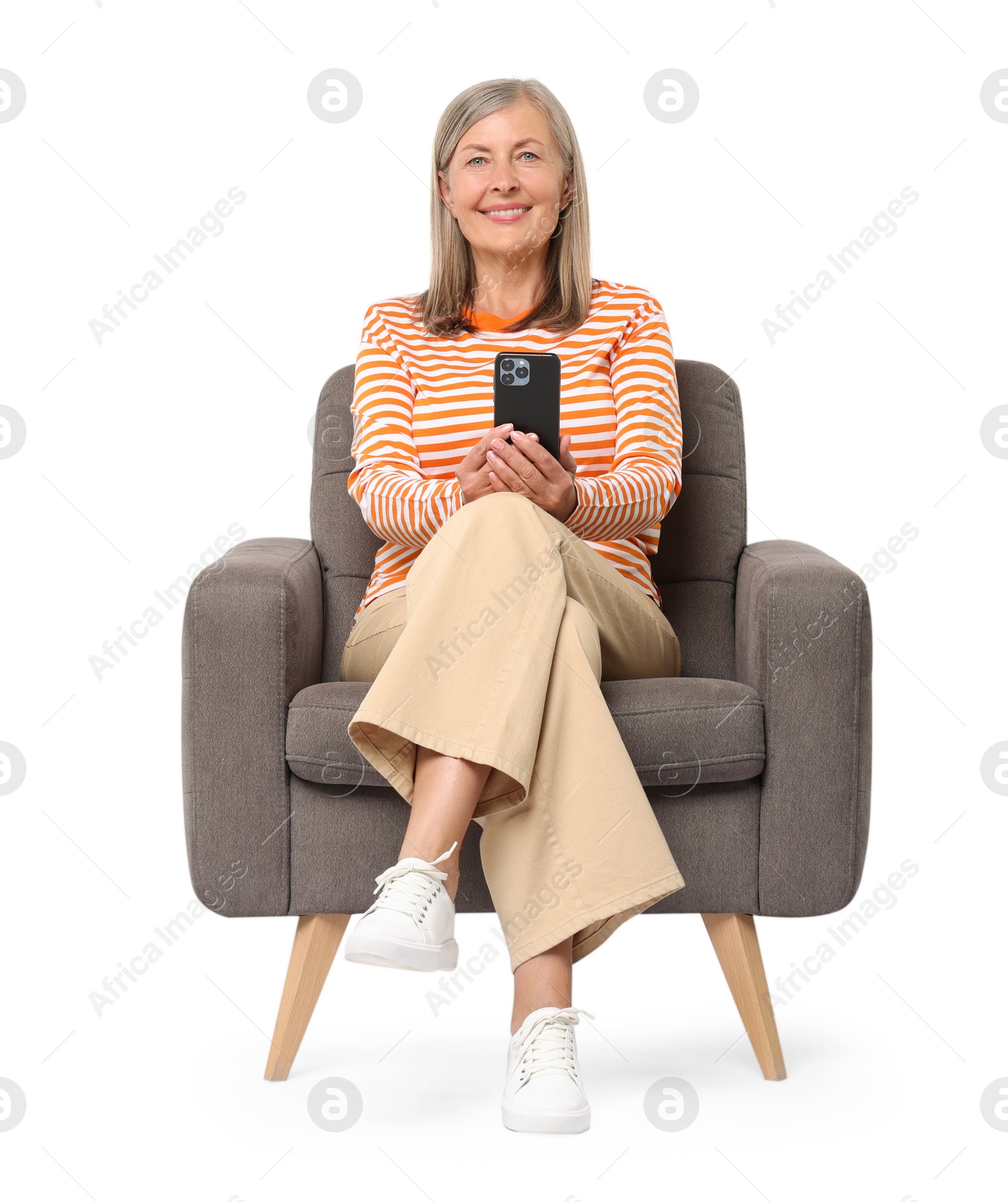 Photo of Senior woman with phone on white background