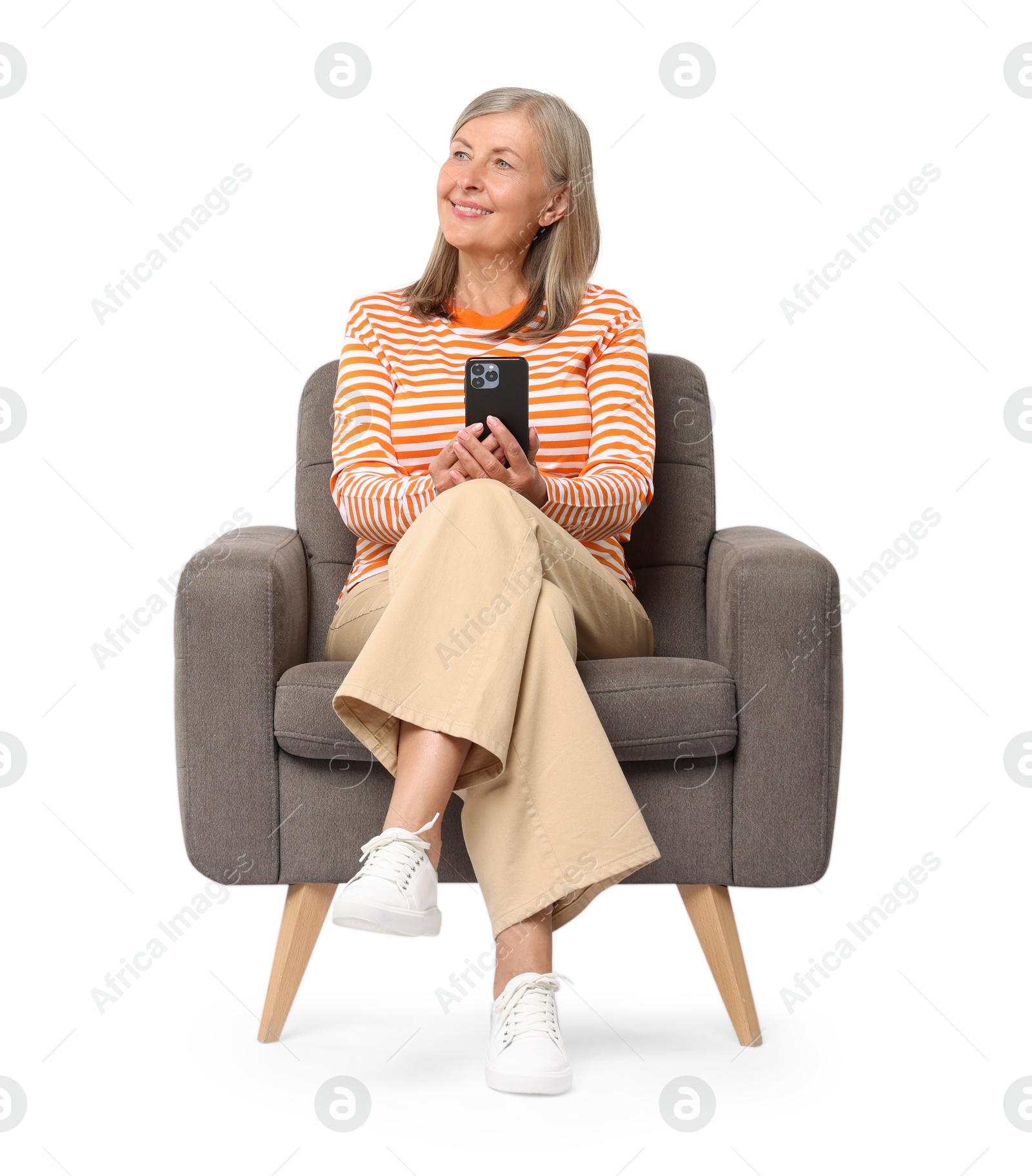 Photo of Senior woman with phone on white background