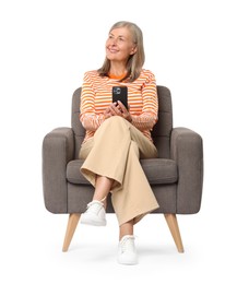 Photo of Senior woman with phone on white background