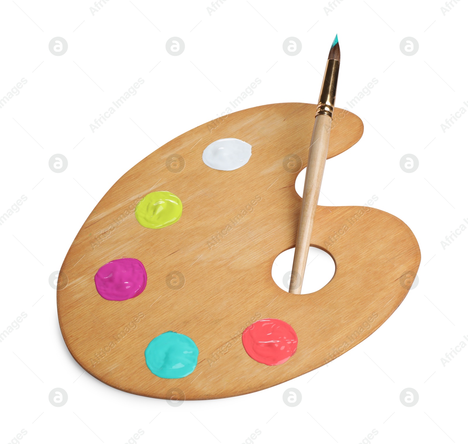 Photo of Wooden artist's palette with samples of paints and brush isolated on white