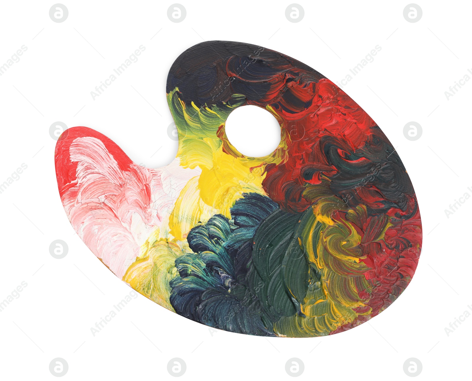 Photo of Artist's palette with mixed paints isolated on white, top view