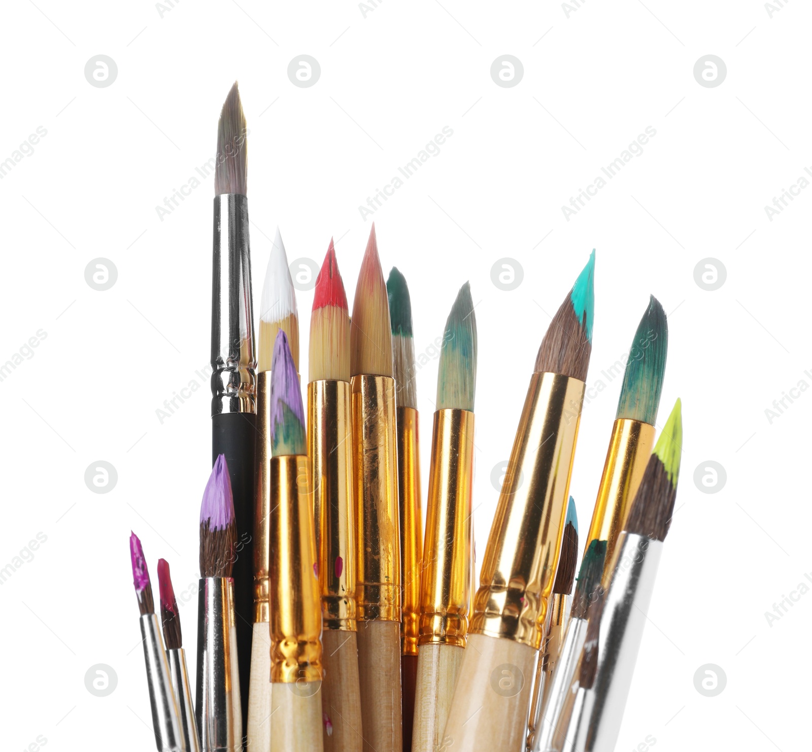 Photo of Wooden brushes with colorful paints isolated on white