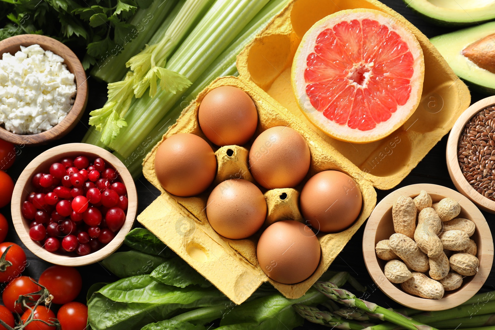 Photo of Many different healthy food on table, flat lay