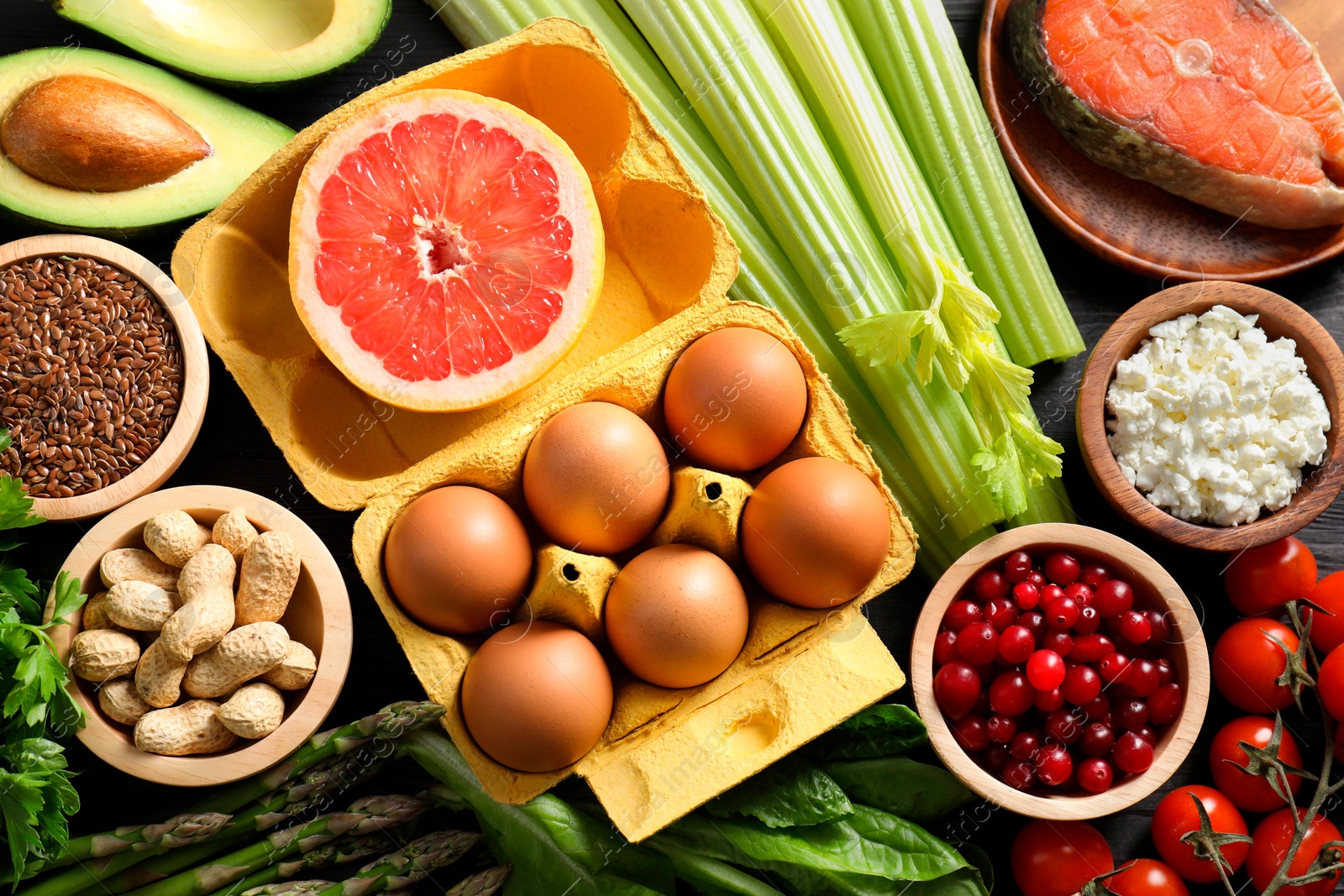 Photo of Many different healthy food on table, flat lay