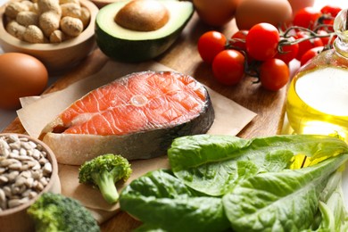 Many different healthy food on table, closeup