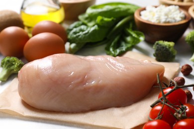 Photo of Many different healthy food on table, closeup