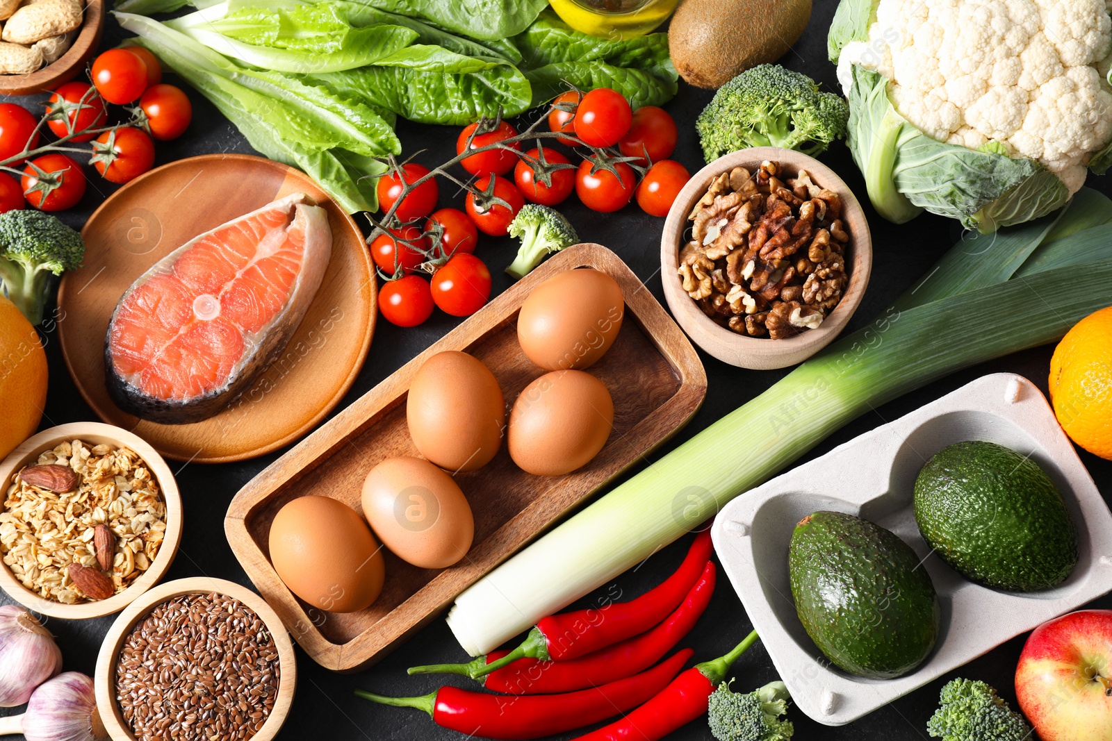 Photo of Many different healthy food on table, flat lay