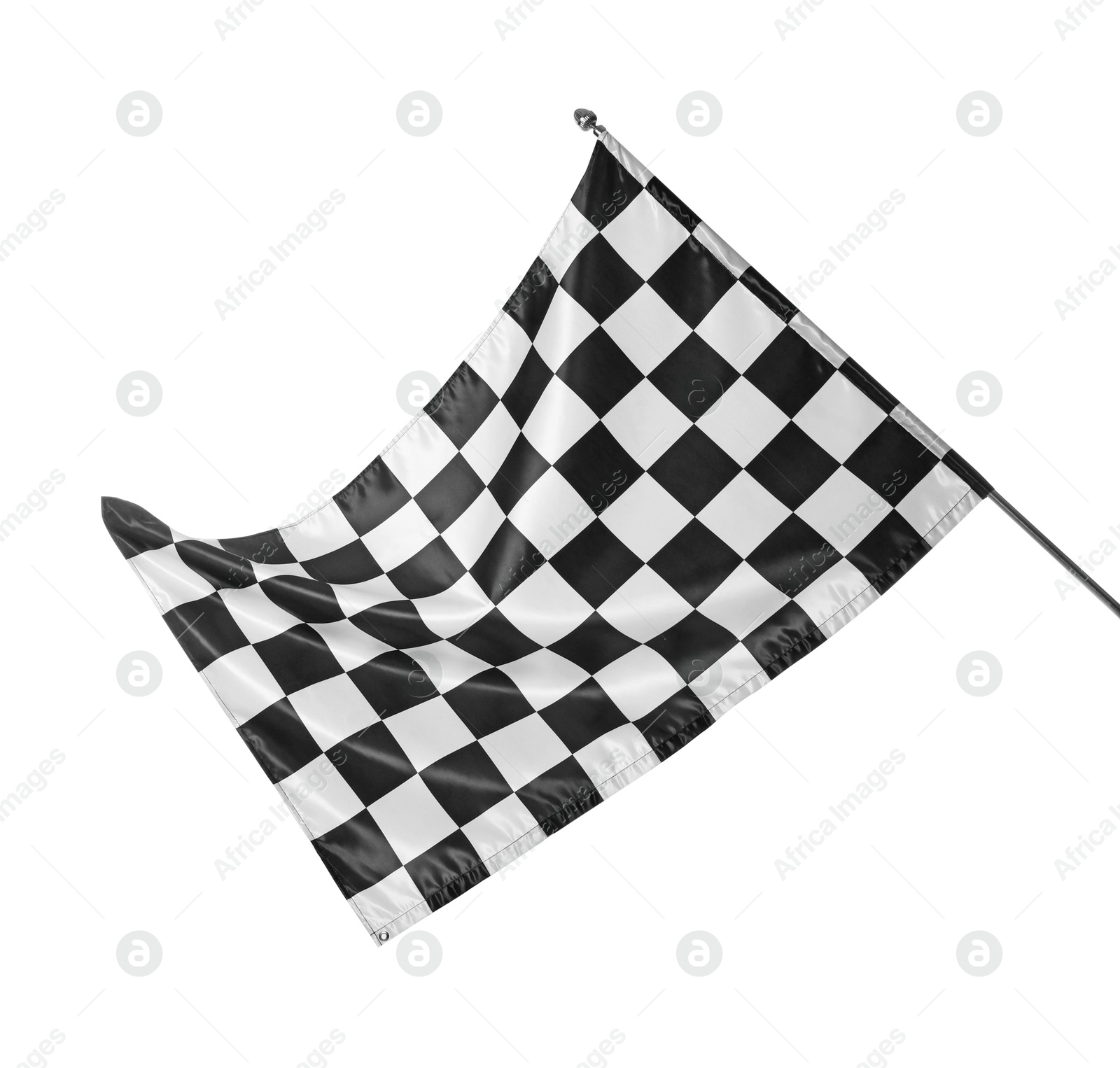 Photo of One checkered finish flag isolated on white