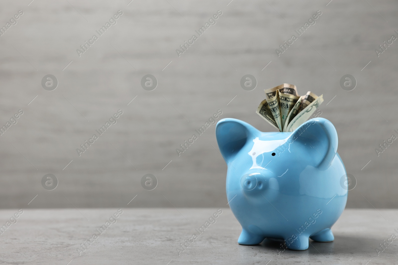 Photo of Light blue piggy bank with dollar banknotes on grey table, space for text