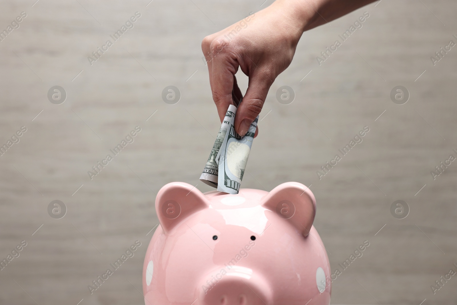 Photo of Woman putting dollar banknote into pink piggy bank on blurred background, closeup