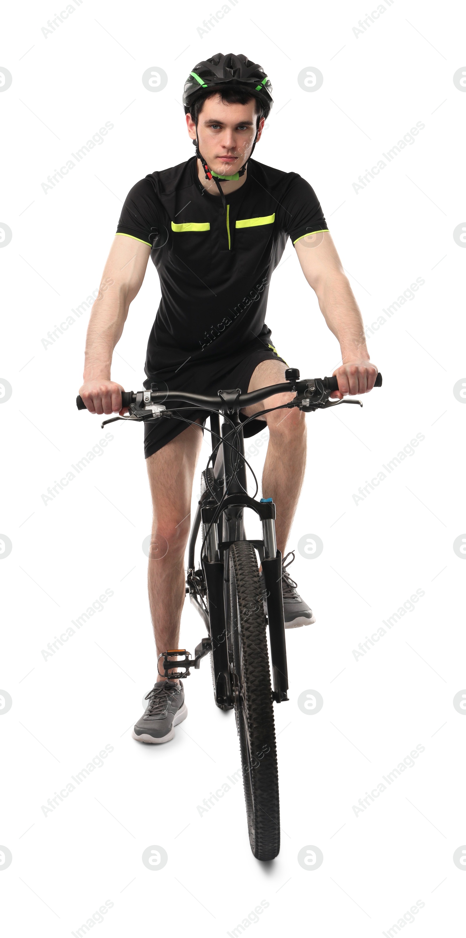 Photo of Man in helmet riding bicycle on white background