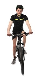 Man in helmet riding bicycle on white background