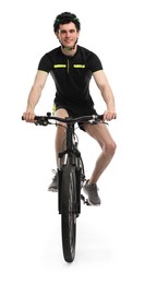 Smiling man in helmet riding bicycle on white background