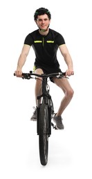 Photo of Smiling man in helmet riding bicycle on white background