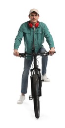 Man with headphones riding bicycle on white background