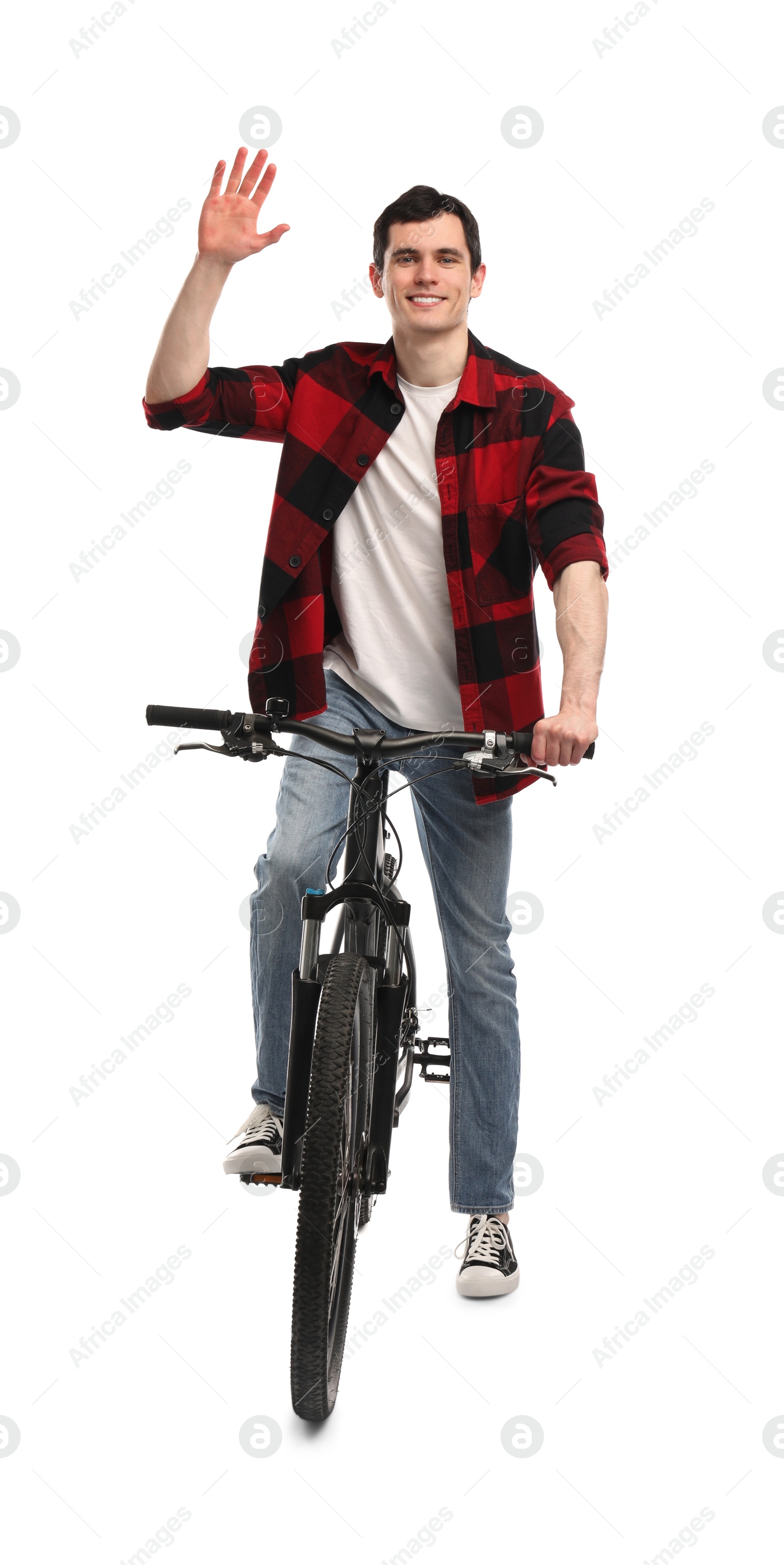 Photo of Smiling man on bicycle against white background