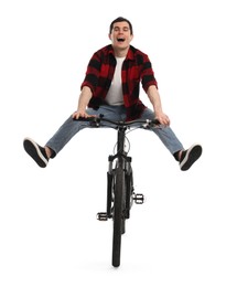 Photo of Emotional man having fun while riding bicycle on white background