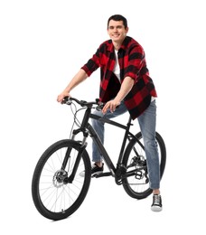 Photo of Smiling man on bicycle against white background