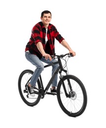 Photo of Smiling man riding bicycle on white background