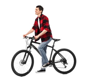 Smiling man with bicycle isolated on white