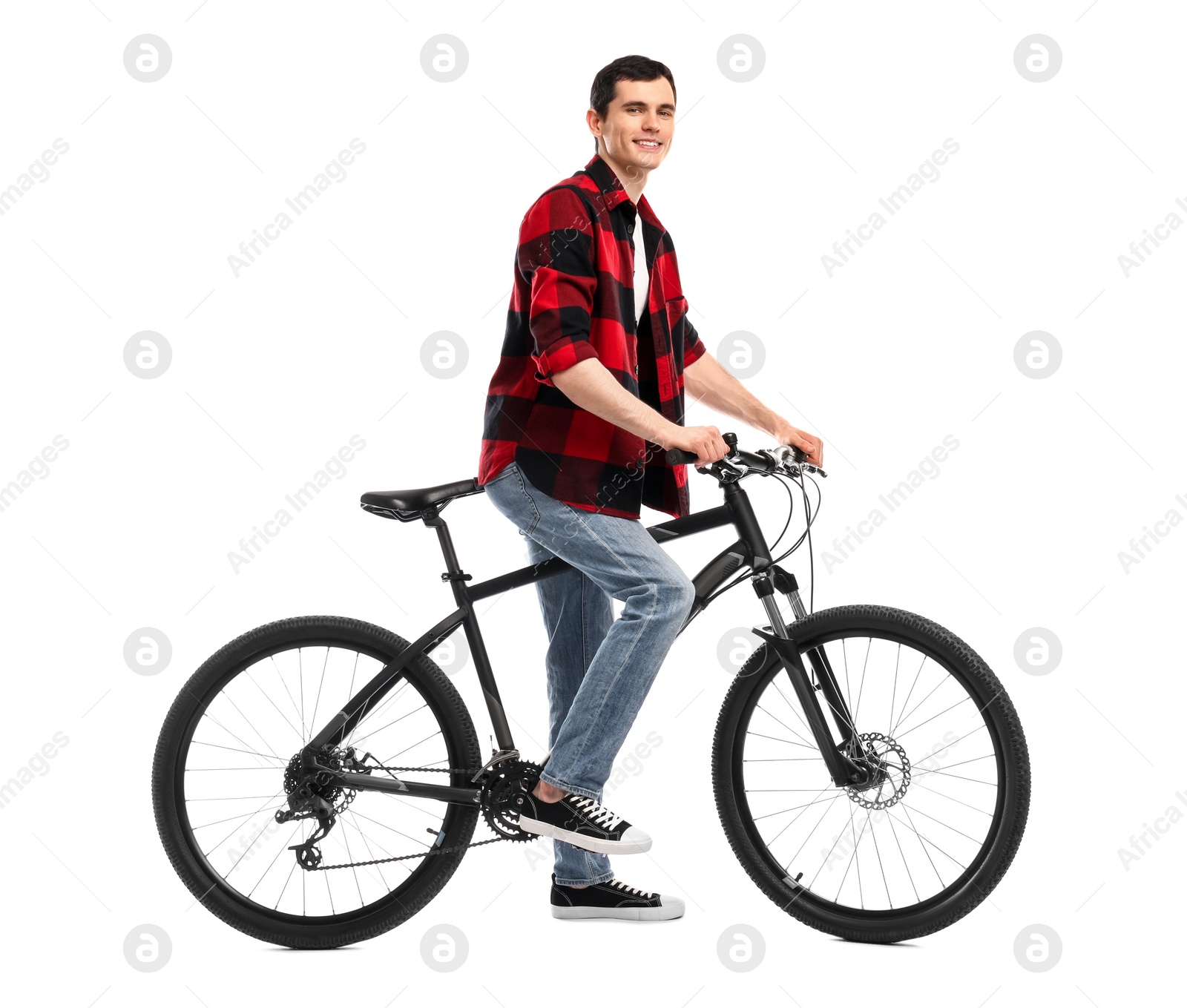 Photo of Smiling man with bicycle isolated on white