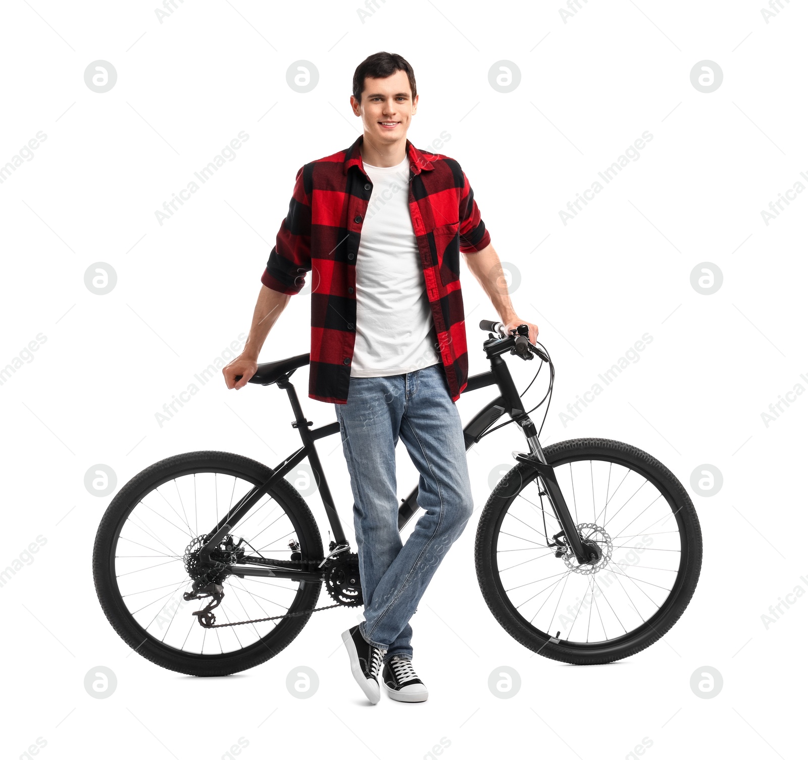 Photo of Smiling man near bicycle isolated on white