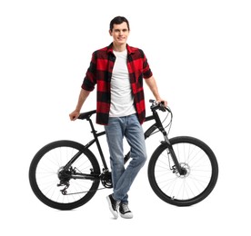 Photo of Smiling man near bicycle isolated on white