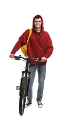 Smiling man with bicycle isolated on white