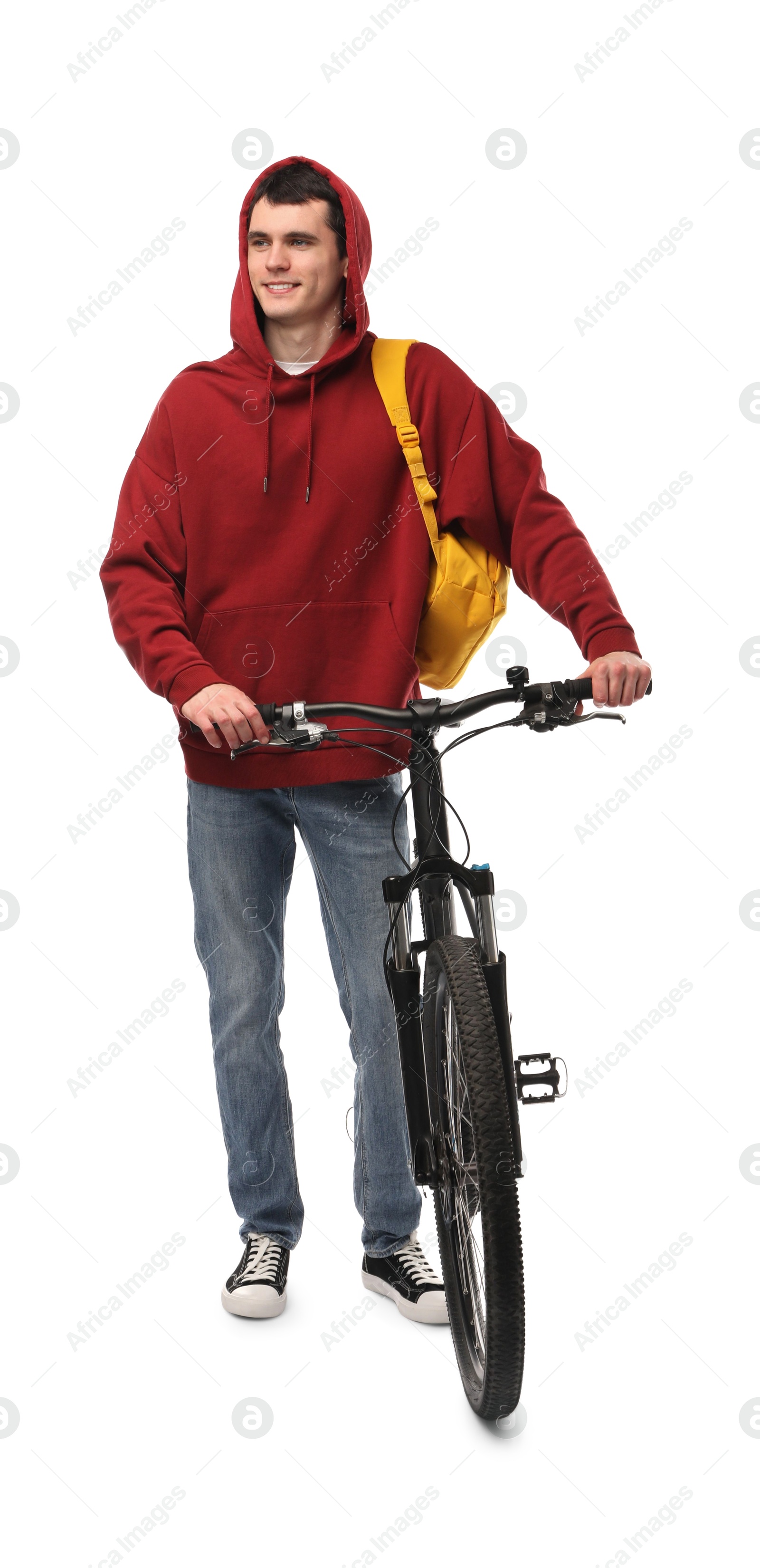 Photo of Smiling man with bicycle isolated on white