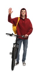 Smiling man with bicycle isolated on white