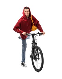 Smiling man with bicycle isolated on white