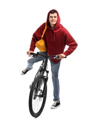 Smiling man with bicycle isolated on white