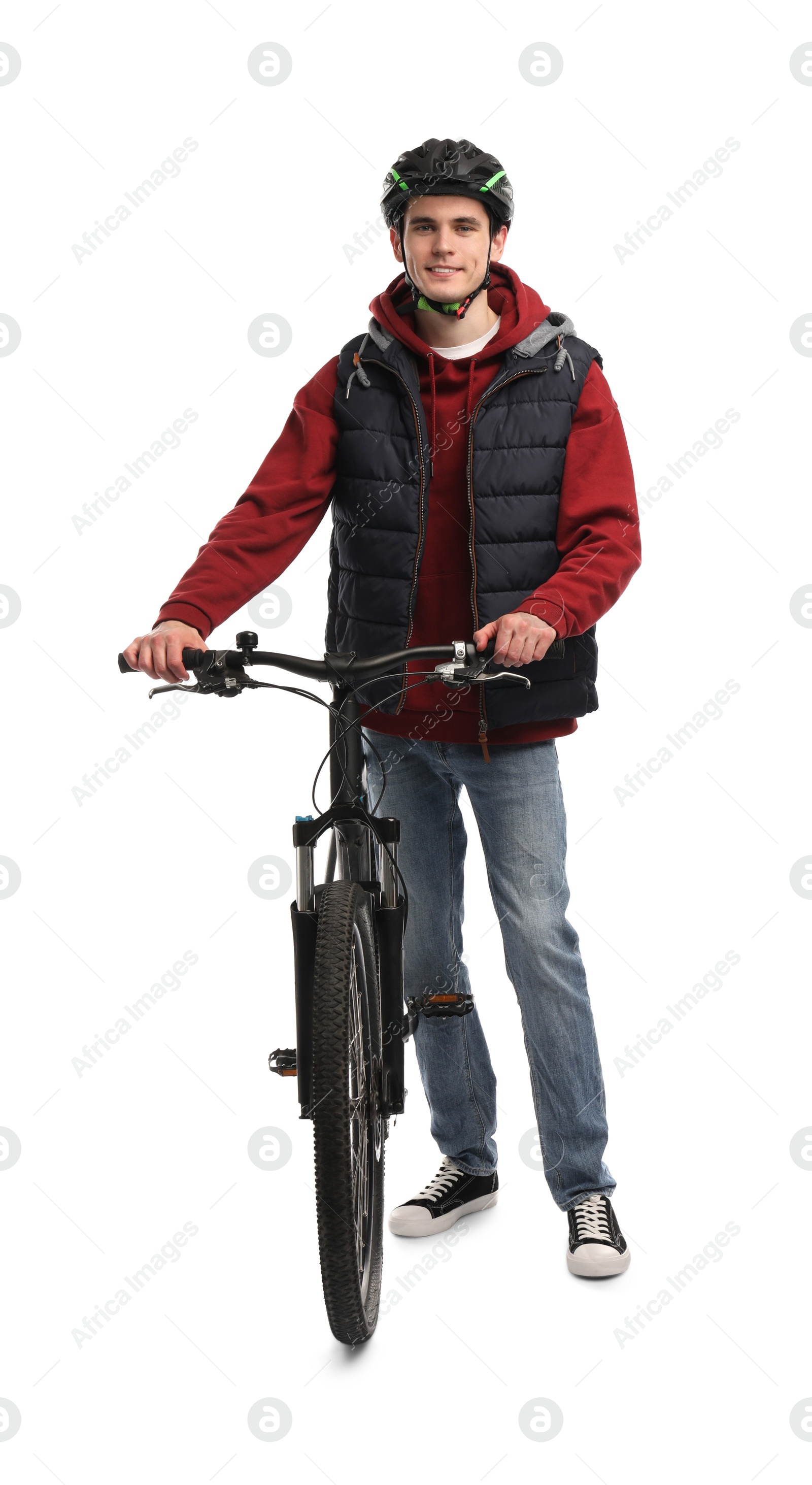 Photo of Smiling man in helmet with bicycle isolated on white