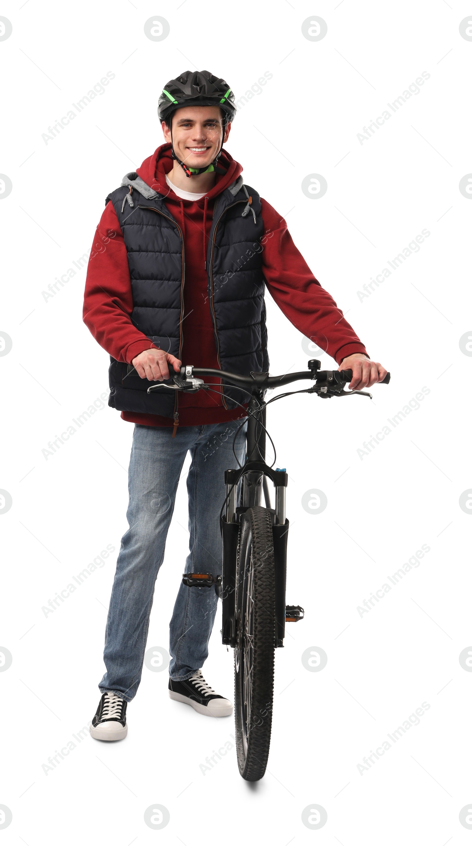 Photo of Smiling man in helmet with bicycle isolated on white
